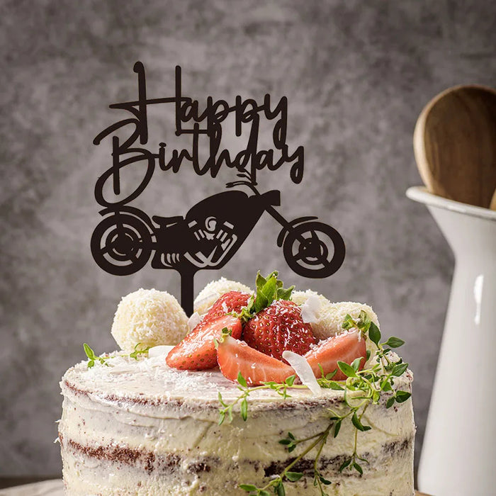 Motorbike Happy Birthday Cake Topper Acrylic Black