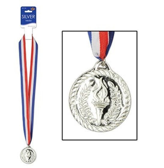 Beistle Silver Sports Medal & Ribbon