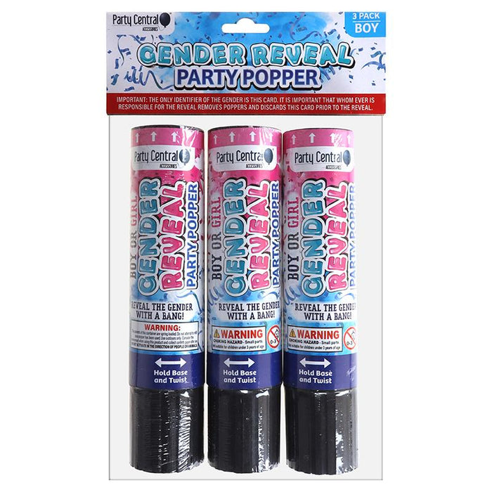 Party Popper Gender Reveal Confetti Cannon 3pk - Blue