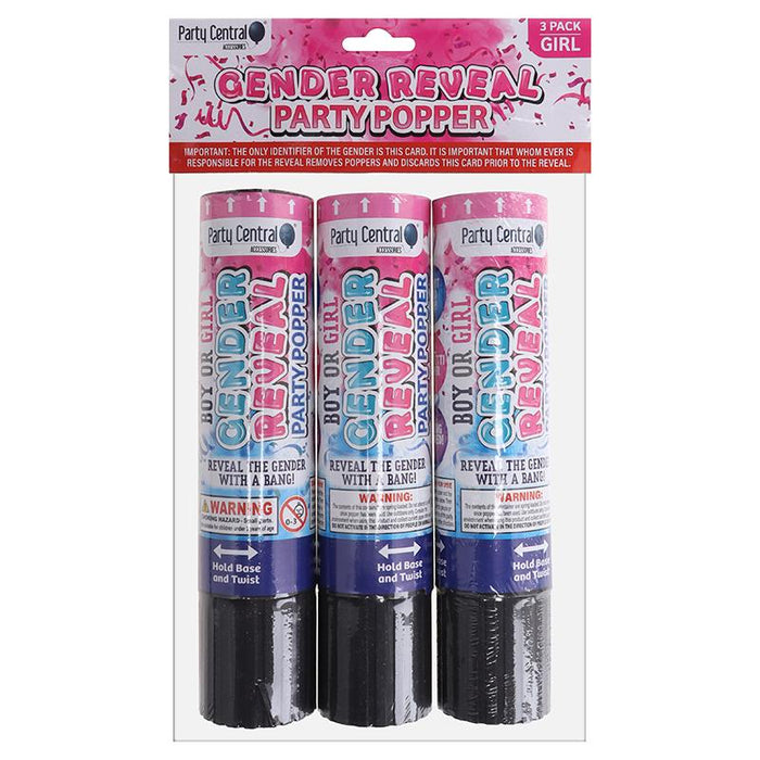 Party Popper Gender Reveal Confetti Cannon 3pk - Pink