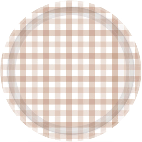 Gingham 23cm Paper Plate White Sand FSC NPC 8Pk