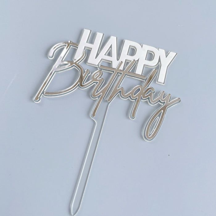 Happy Birthday Double Layer Cake Topper Silver